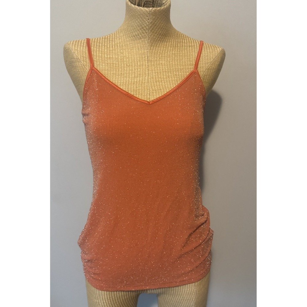 Vintage Y2K Orange‎ Sparkly Glitter Tank Too Spaghetti Strap Slinky Silky Small